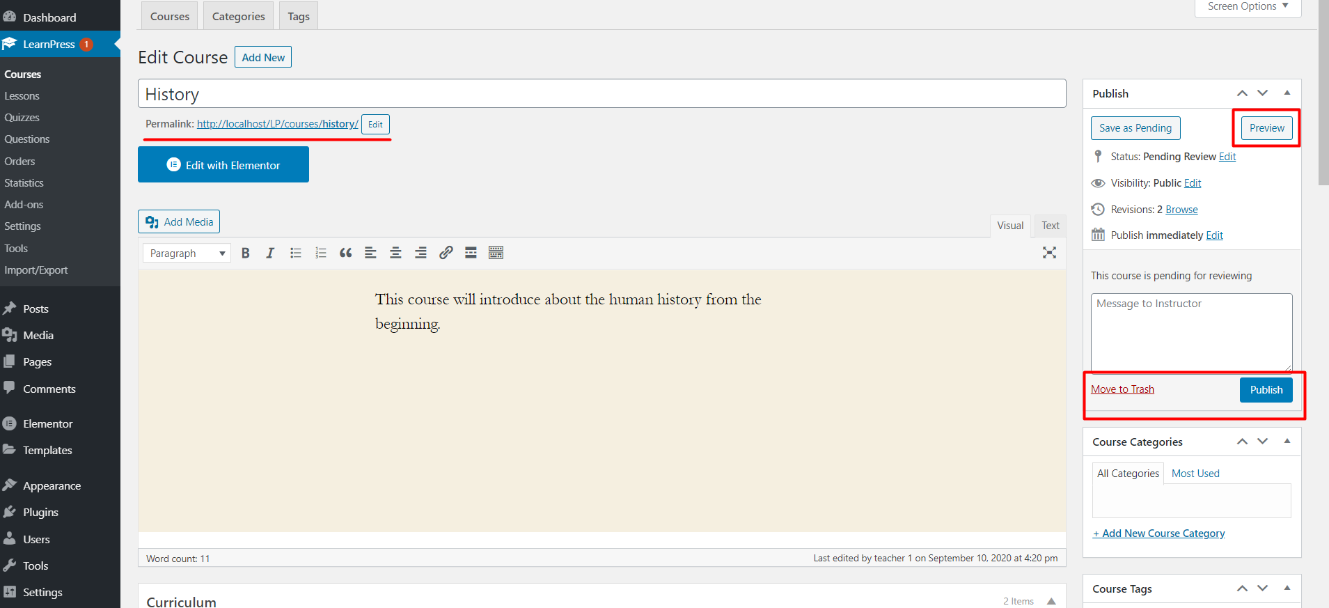Admin - publish course review