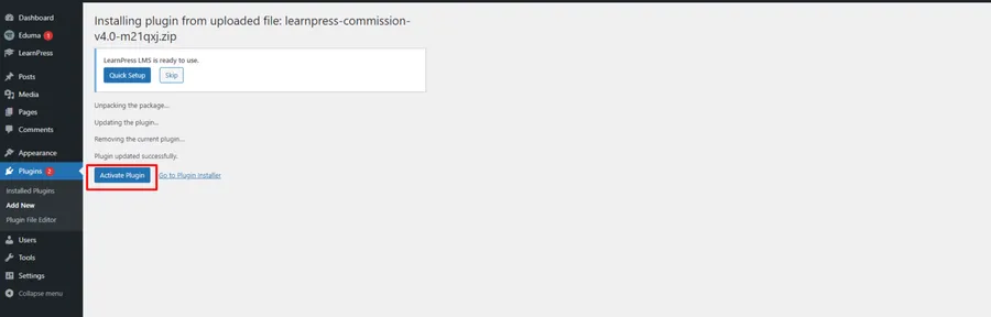 Activate LearnPress Commission Add-on