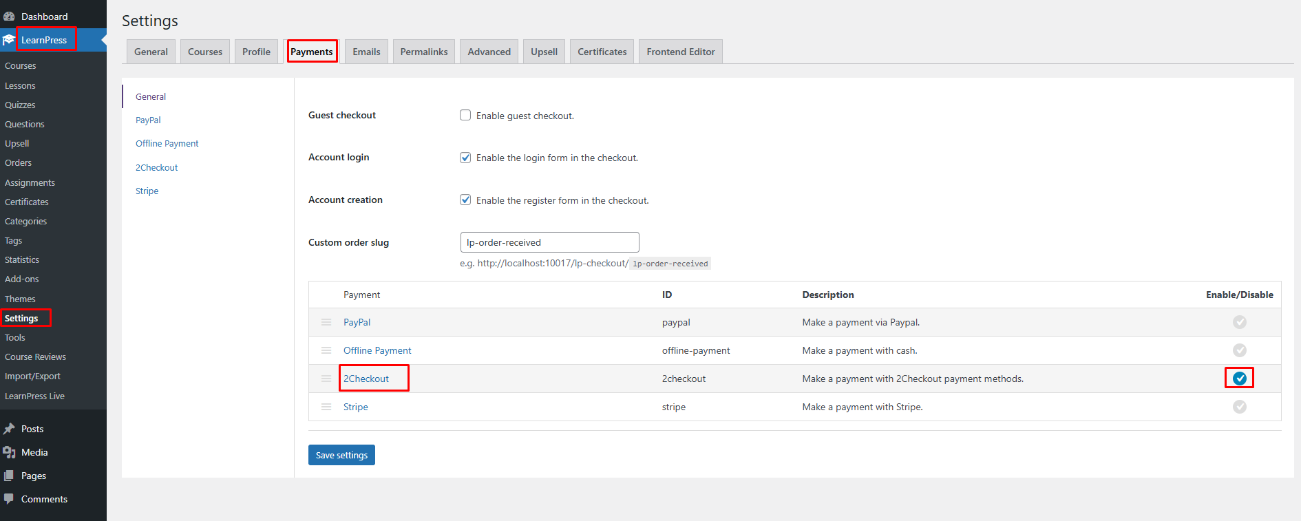 2CheckOut Add-on for LearnPress - Settings