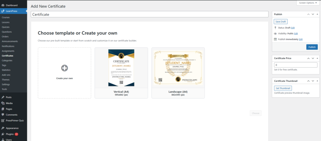 how to create LearnPress certificate