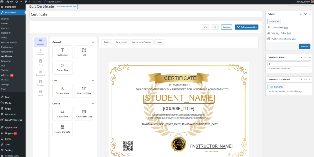 LearnPress Certificate V2.0 drag and drop editor interface