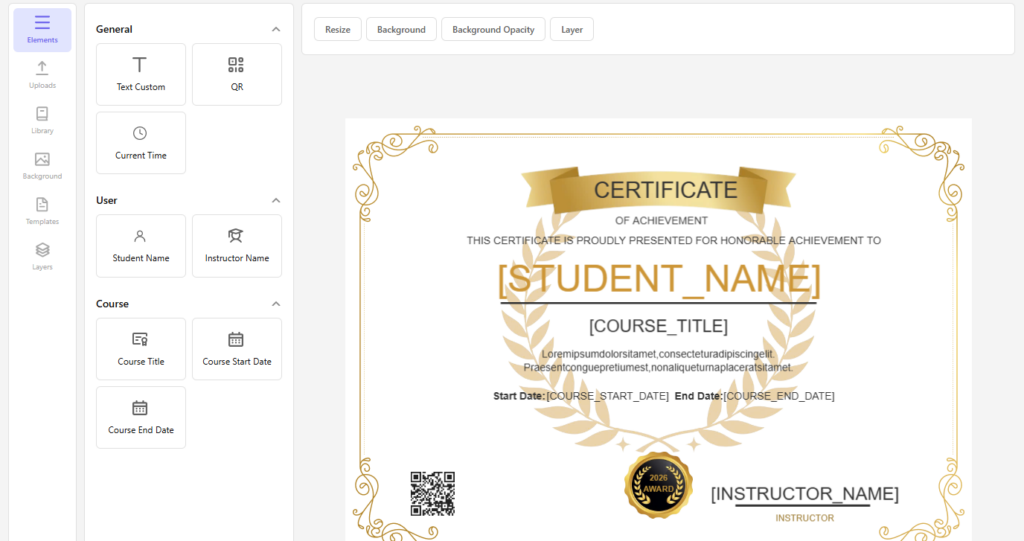 LearnPress Certificate V2.0 general elements panel including Student Name, QR code, and Course Title