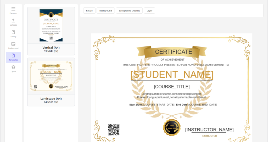 LearnPress Certificate V2.0 pre-built templates including Vertical and Landscape A4 layouts