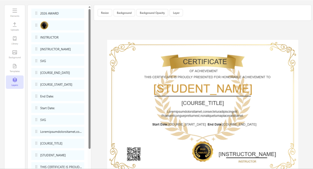 A finished layout demonstrating how to create LearnPress certificate documents.