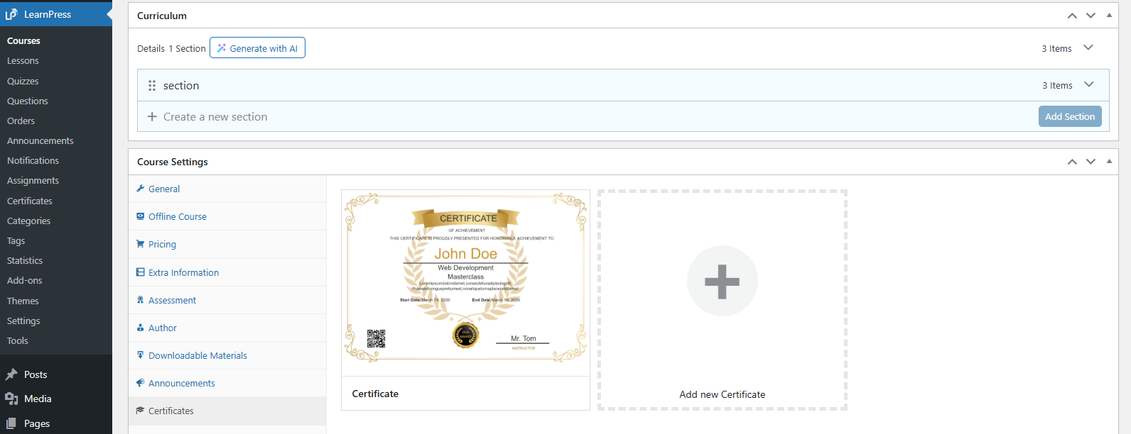 Certificate Add-on for LearnPress - Assign The Certificate To The Course