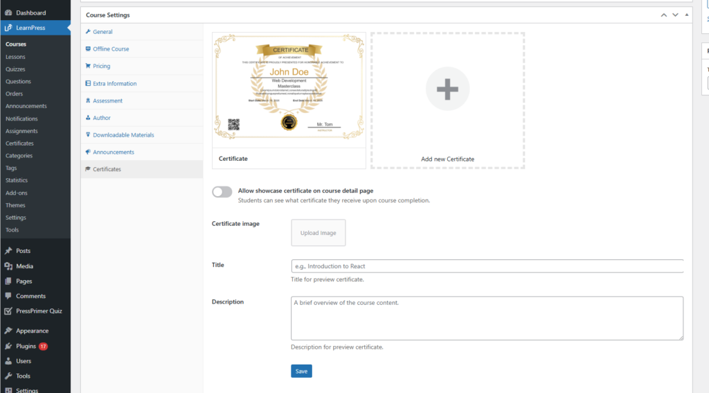LearnPress course settings interface showing how to assign a certificate