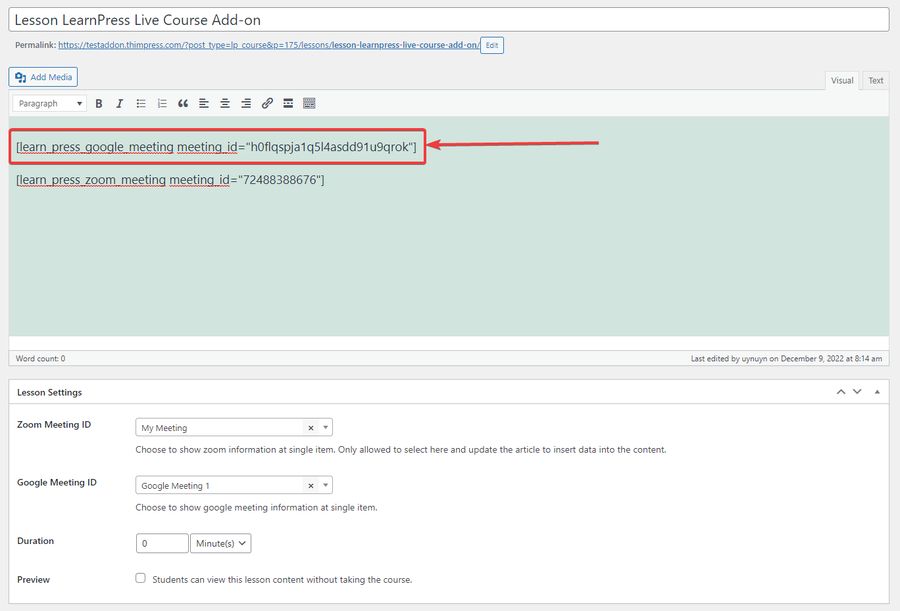 Google Meeting Shortcode