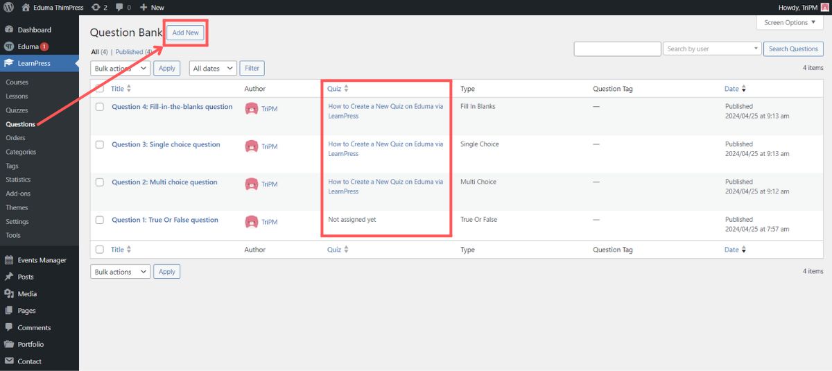 Click "Add New" To Create a Question in Eduma using LearnPress