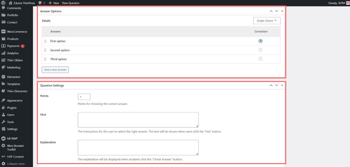 Single-Choice Question Type in LearnPress