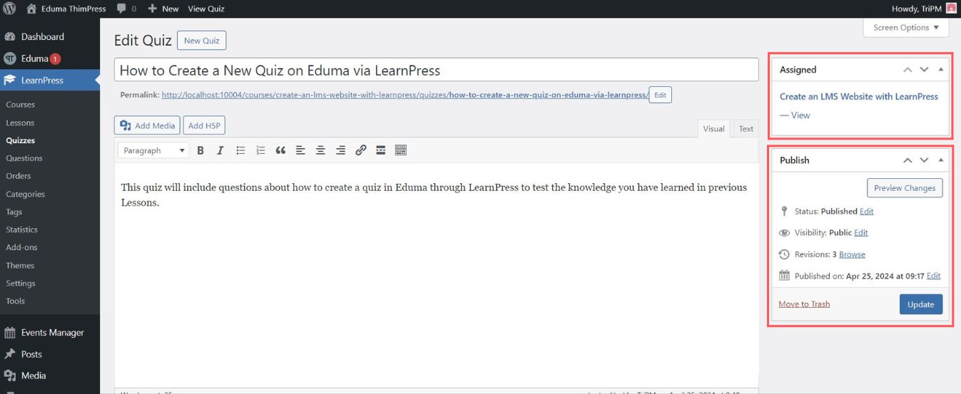Remember To Save The Quiz After Completing The Quiz Content in LearnPress