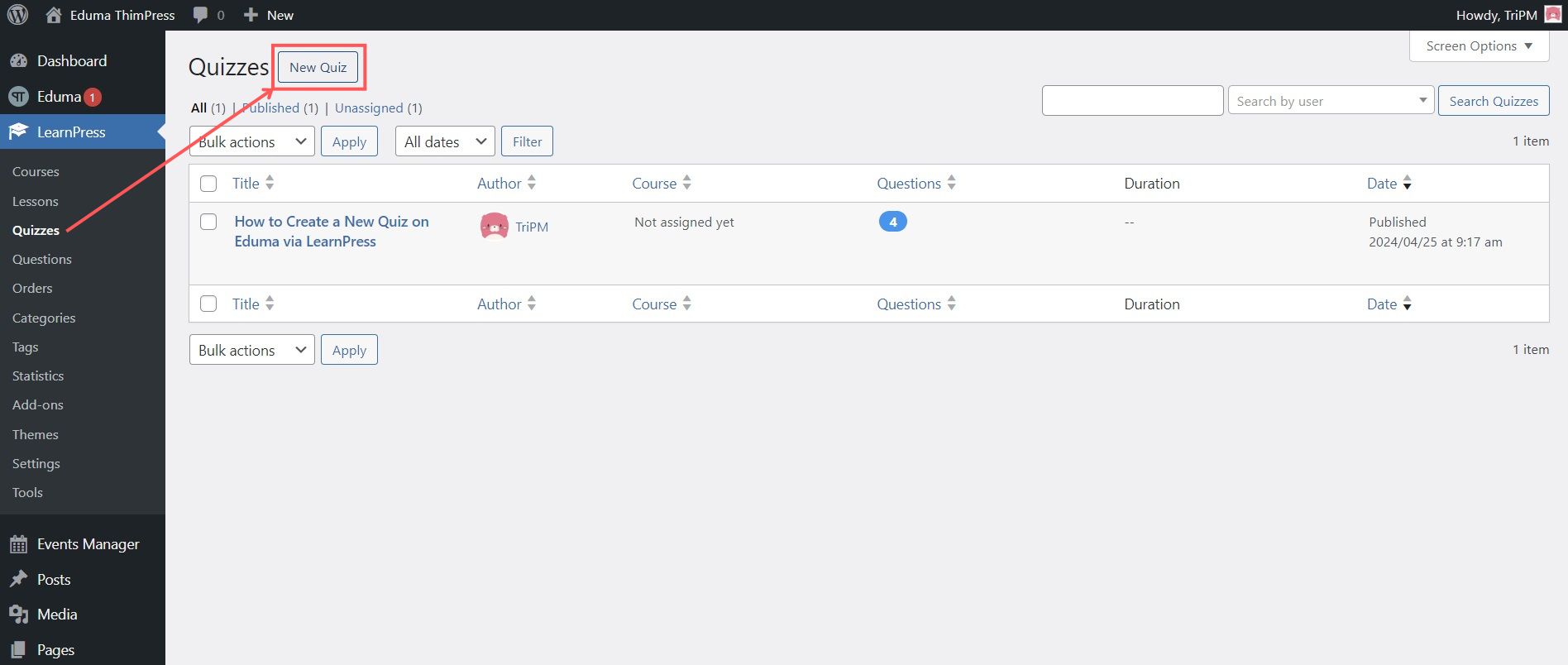 Click "Add New" Quiz to Create a Quiz on Eduma