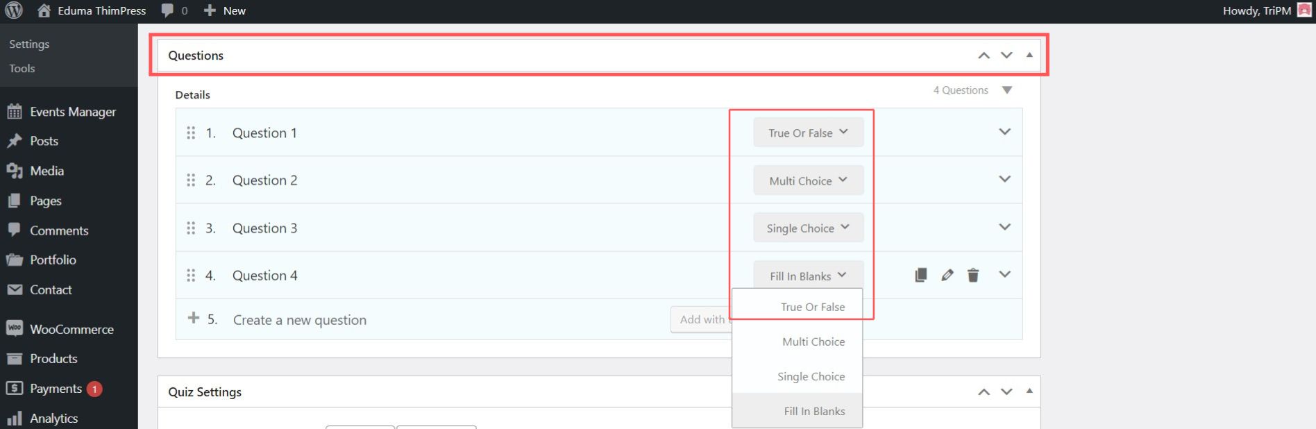 Create Questions in a Quiz in Eduma using LearnPress