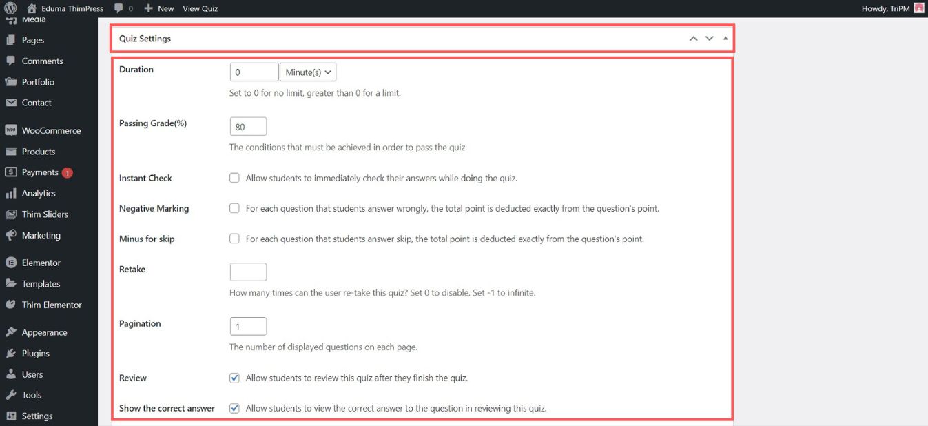 Setup Quiz Settings Section in Eduma using LearnPress