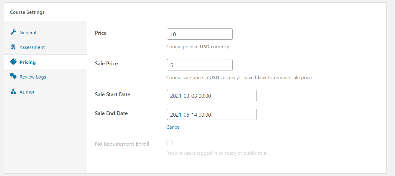 Pricing In Course Settings