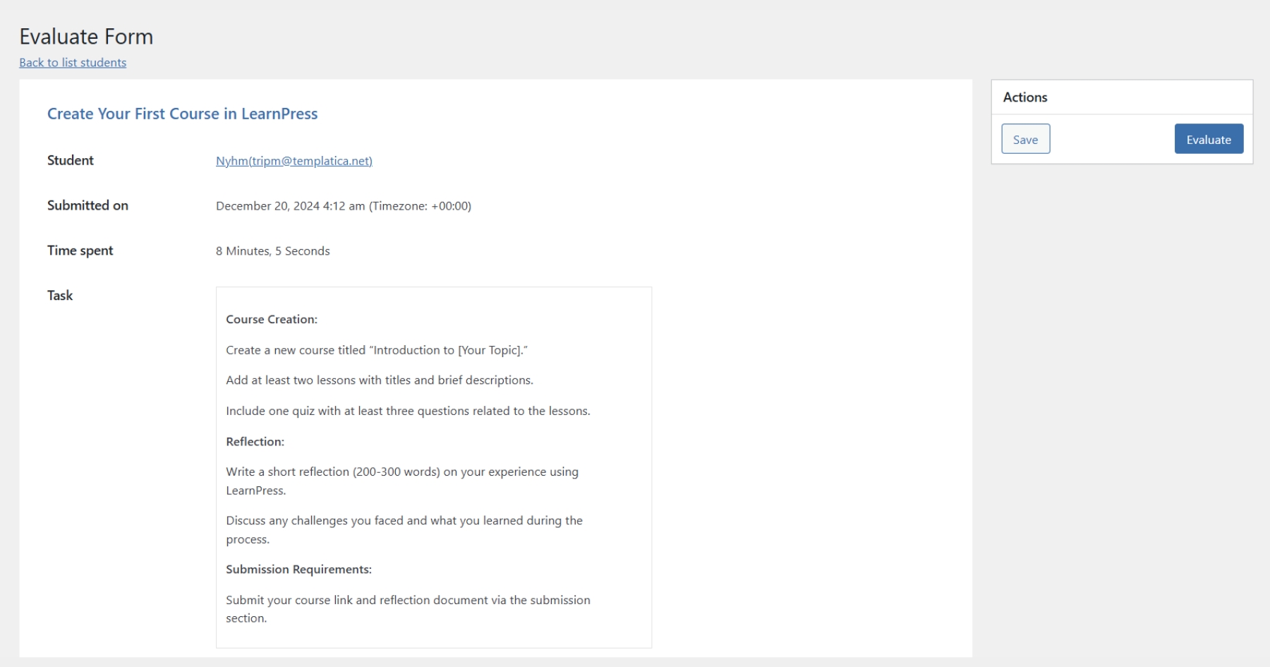 Evaluate Form Screen