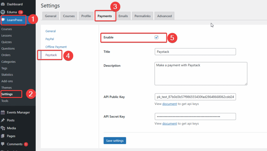 Paystack Gateway Add-on for LearnPress - Setting payment