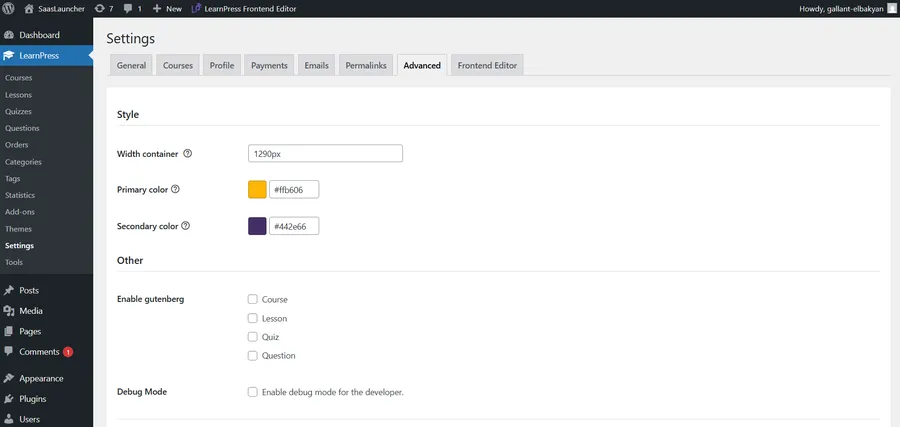 Learnpress advanced settings