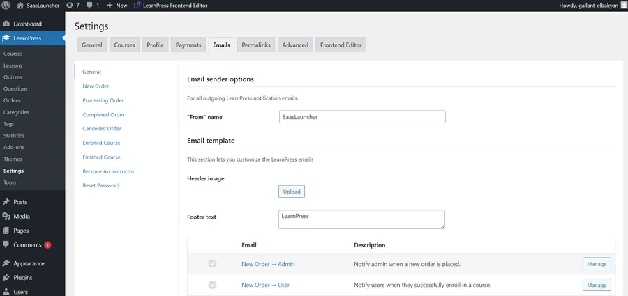 Learnpress email settings