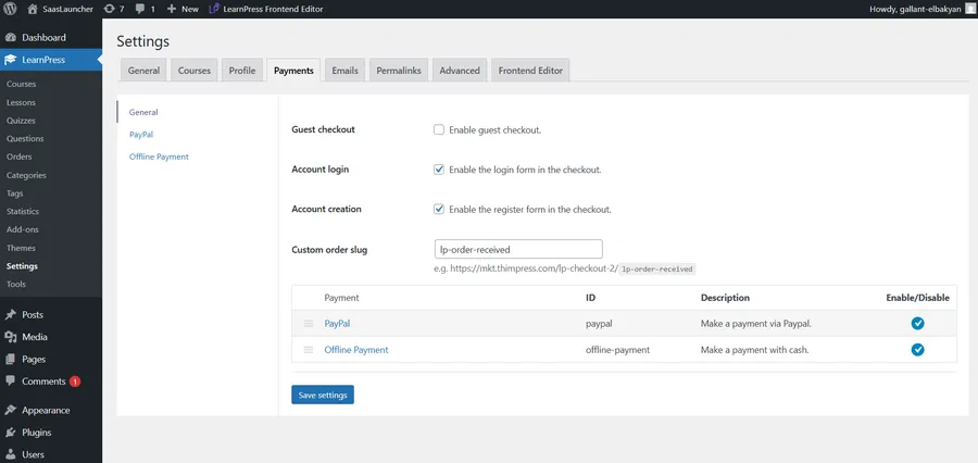 LearnPress Payments Settings