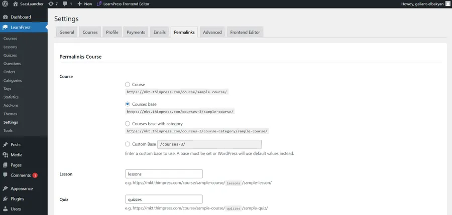 Learnpress permalinks settings