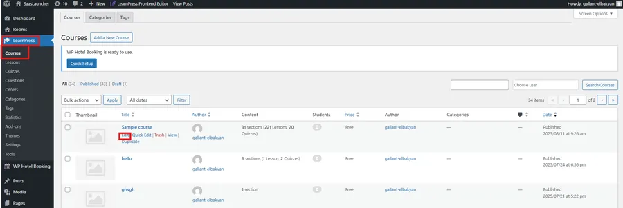 Accessing the LearnPress Lesson Editor- adding and formatting lesson content