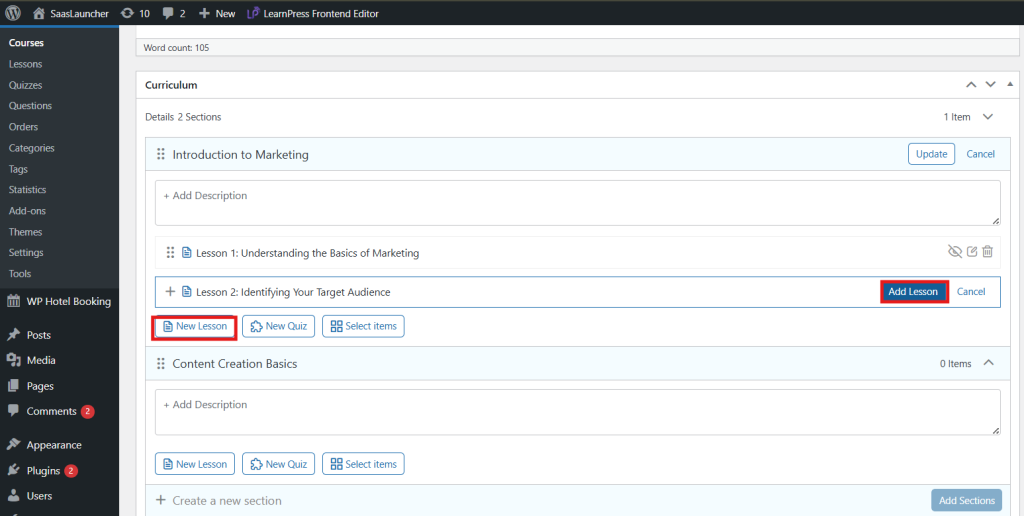 Add Lessons Inside Sections