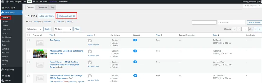 Generate course with AI - wordpress lms ai