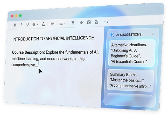 LearnPress AI interface generating course content suggestions like headlines and descriptions