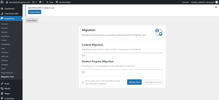 LearnPress Migration Tool dashboard with Migrate Now button