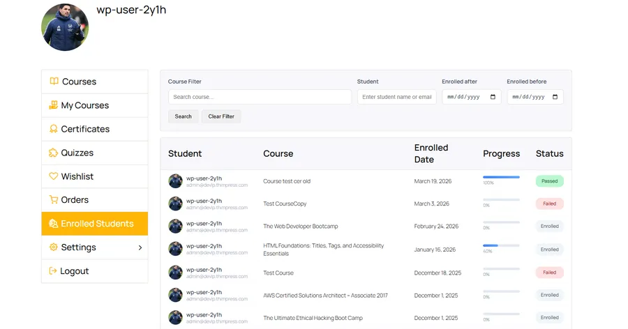 The frontend profile view of the LearnPress enrolled students list.