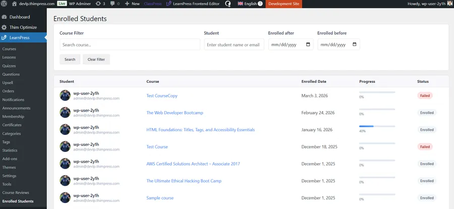 LearnPress update showing the new enrolled students list dashboard.