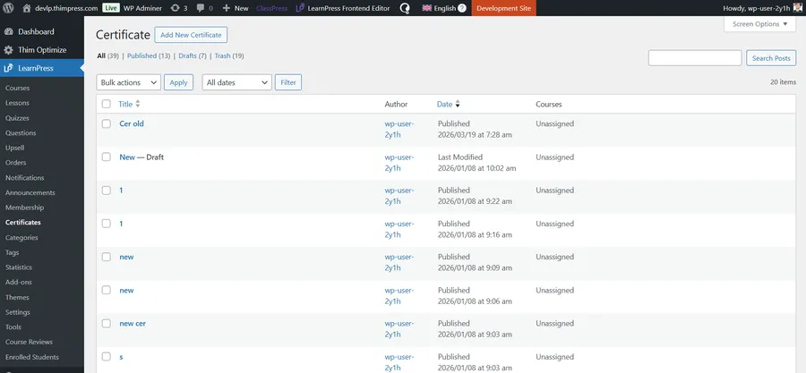 The new LearnPress Certificate Builder drag and drop interface.