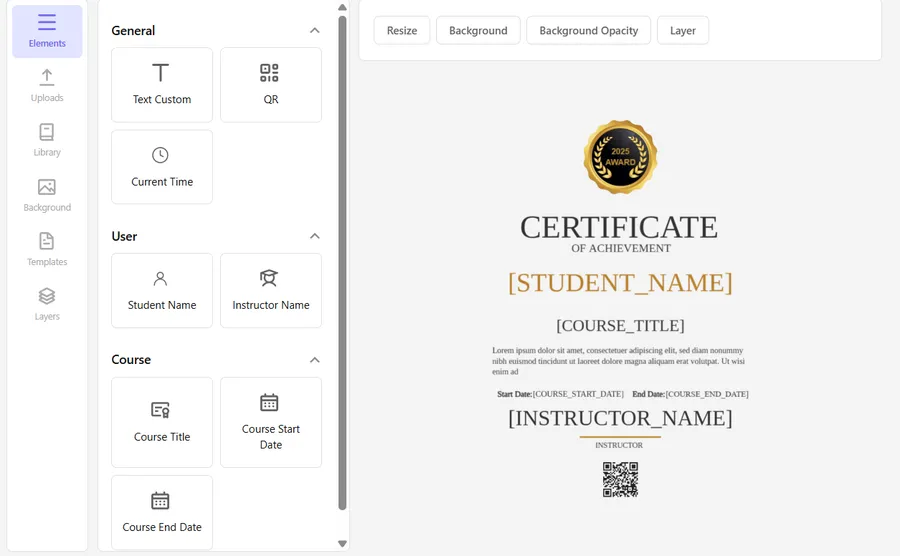 Certificate editor showing customizable template with student and course details