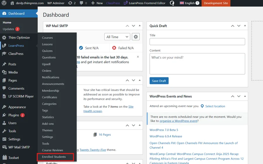 Accessing the LearnPress enrolled students list in the WordPress backend.