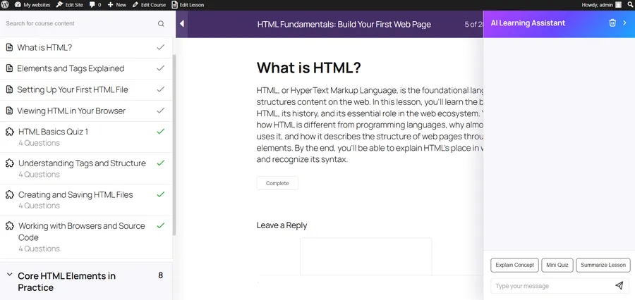 Screenshot of the LearnPress AI Assistant interface showing the open chat panel, quick action buttons, and a text input field alongside the lesson content.