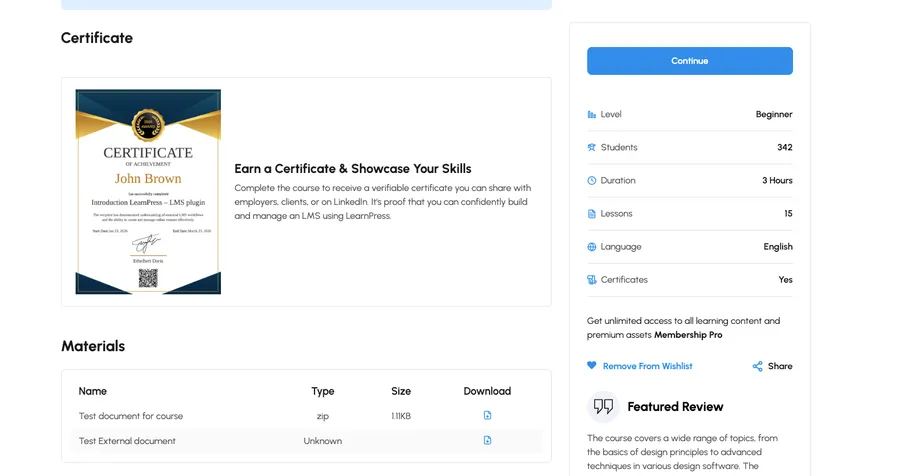 LearnPress certificate preview displayed on the frontend course detail page