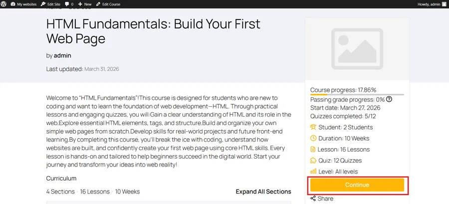 Screenshot of a LearnPress course overview page highlighting the yellow Continue button on the right sidebar.