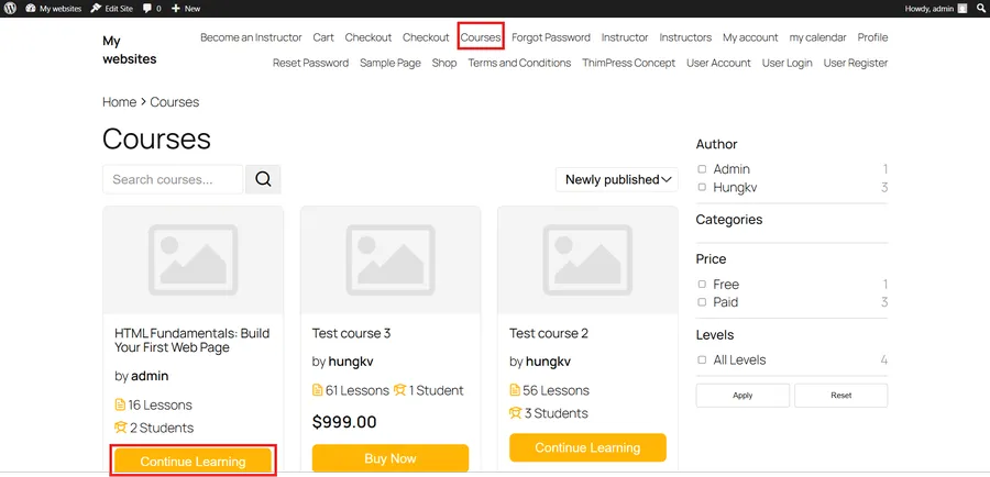 Screenshot of a LearnPress courses directory with red boxes highlighting the 'Courses' navigation link at the top and the yellow 'Continue Learning' button on an enrolled course card.