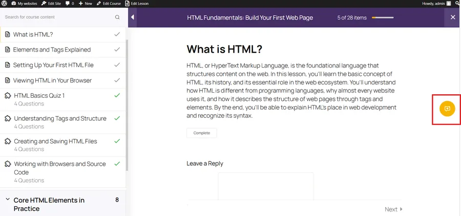 Screenshot of the LearnPress lesson interface highlighting the yellow AI Assistant icon on the right side of the screen.