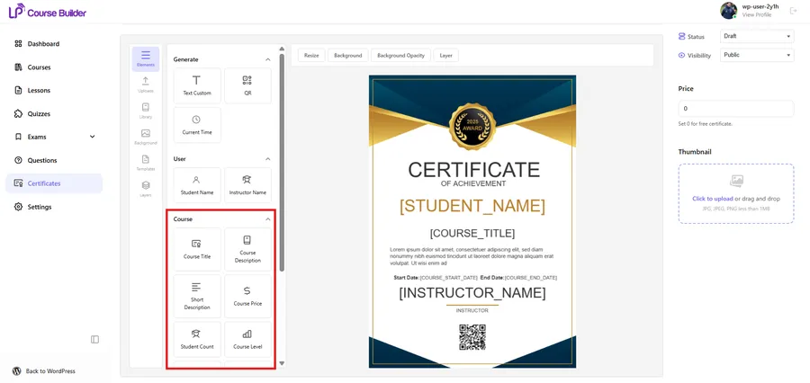 LearnPress Course Builder natively integrated with Certificate Add-on showing new dynamic elements