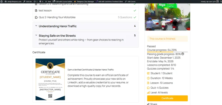 LearnPress frontend course detail page showing the earn a certificate indicator