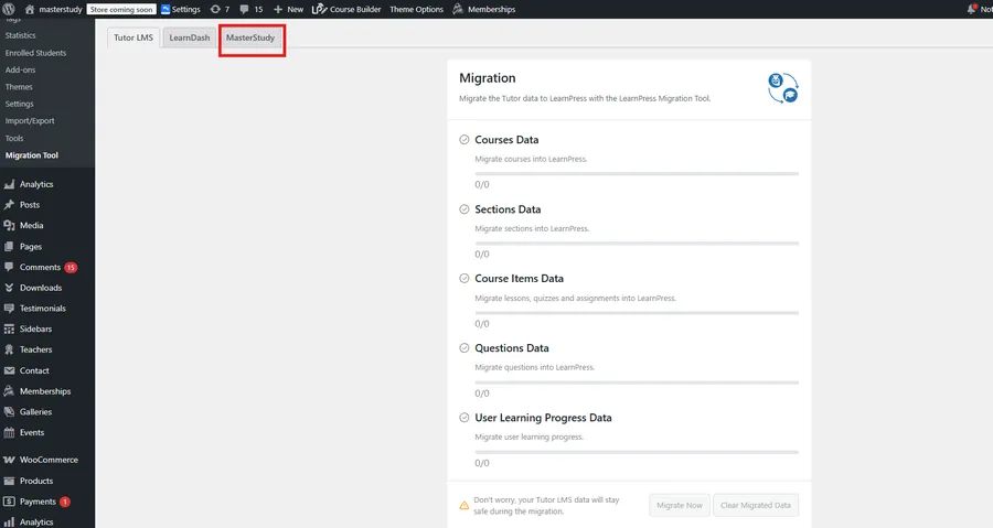 Select the tab to migrate MasterStudy to LearnPress