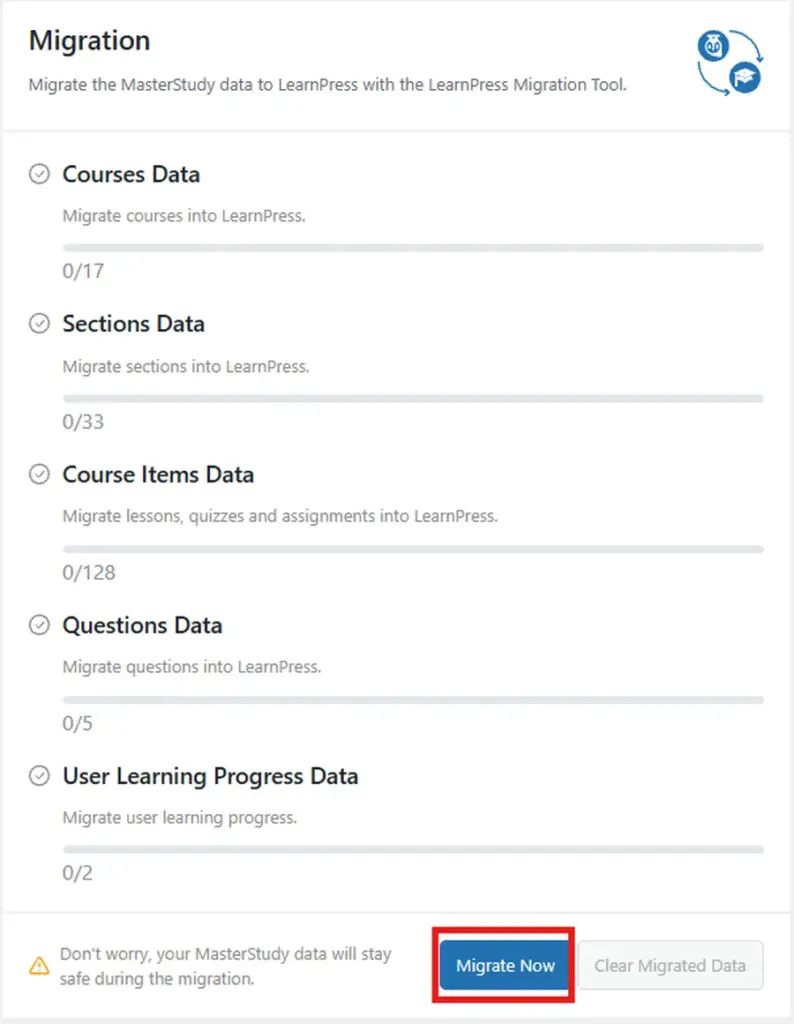 Click the migrate now button to migrate MasterStudy to LearnPress