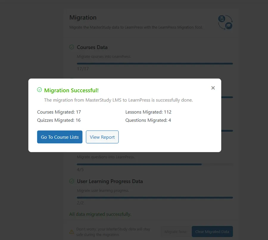 Successful popup when you migrate MasterStudy to LearnPress