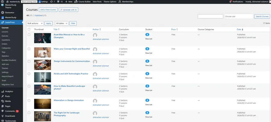 View your course lists after you migrate MasterStudy to LearnPress