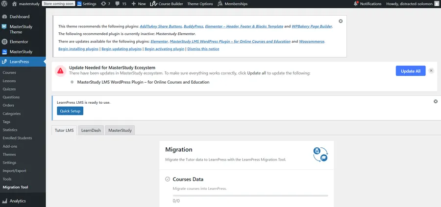 Dashboard interface of the LearnPress Migration Tool - Migrate MasterStudy to LearnPress