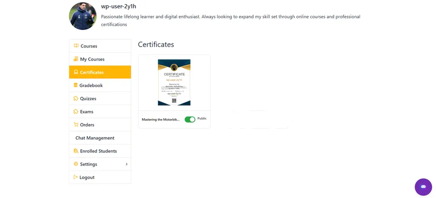 LearnPress frontend student profile showing certificate sharing options with public and private toggle switch