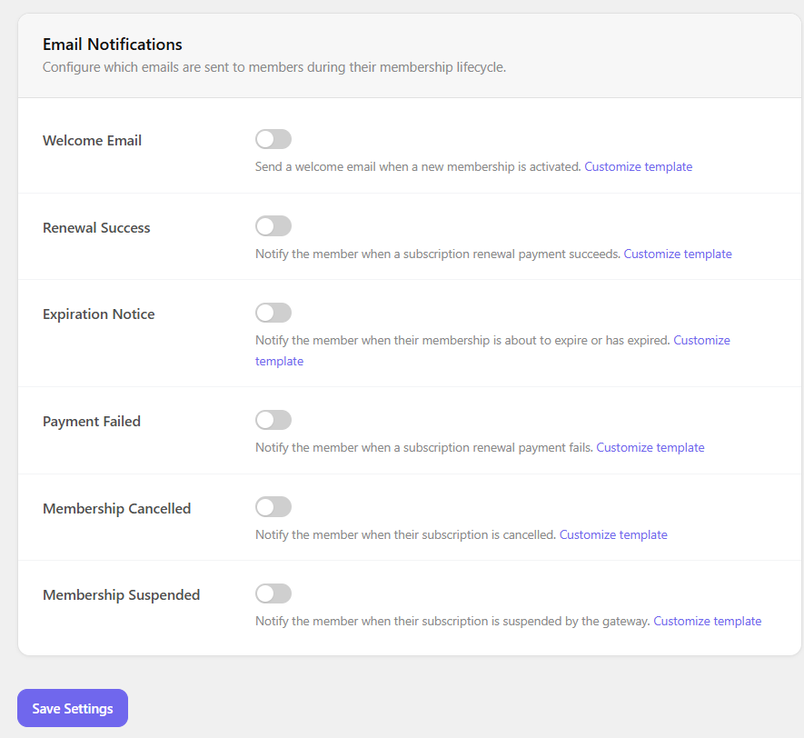 Settings - Email Notifications