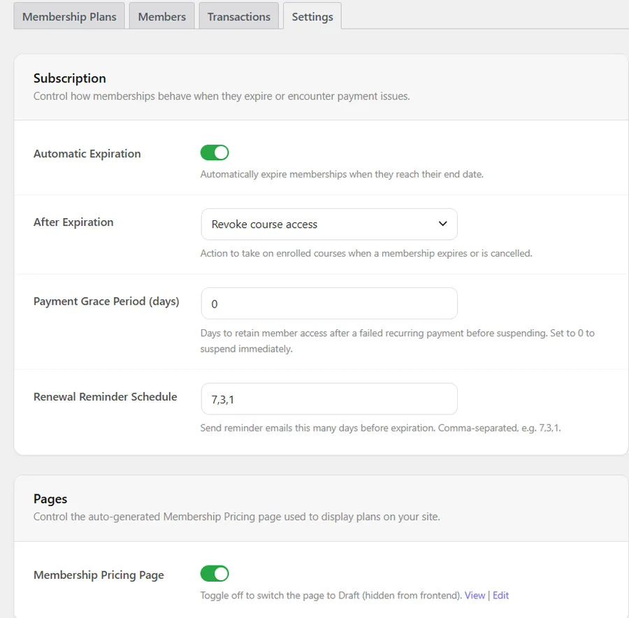 Settings - Subscription & Pages