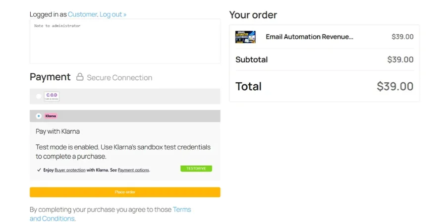Klarna Add-on for LearnPress checkout process